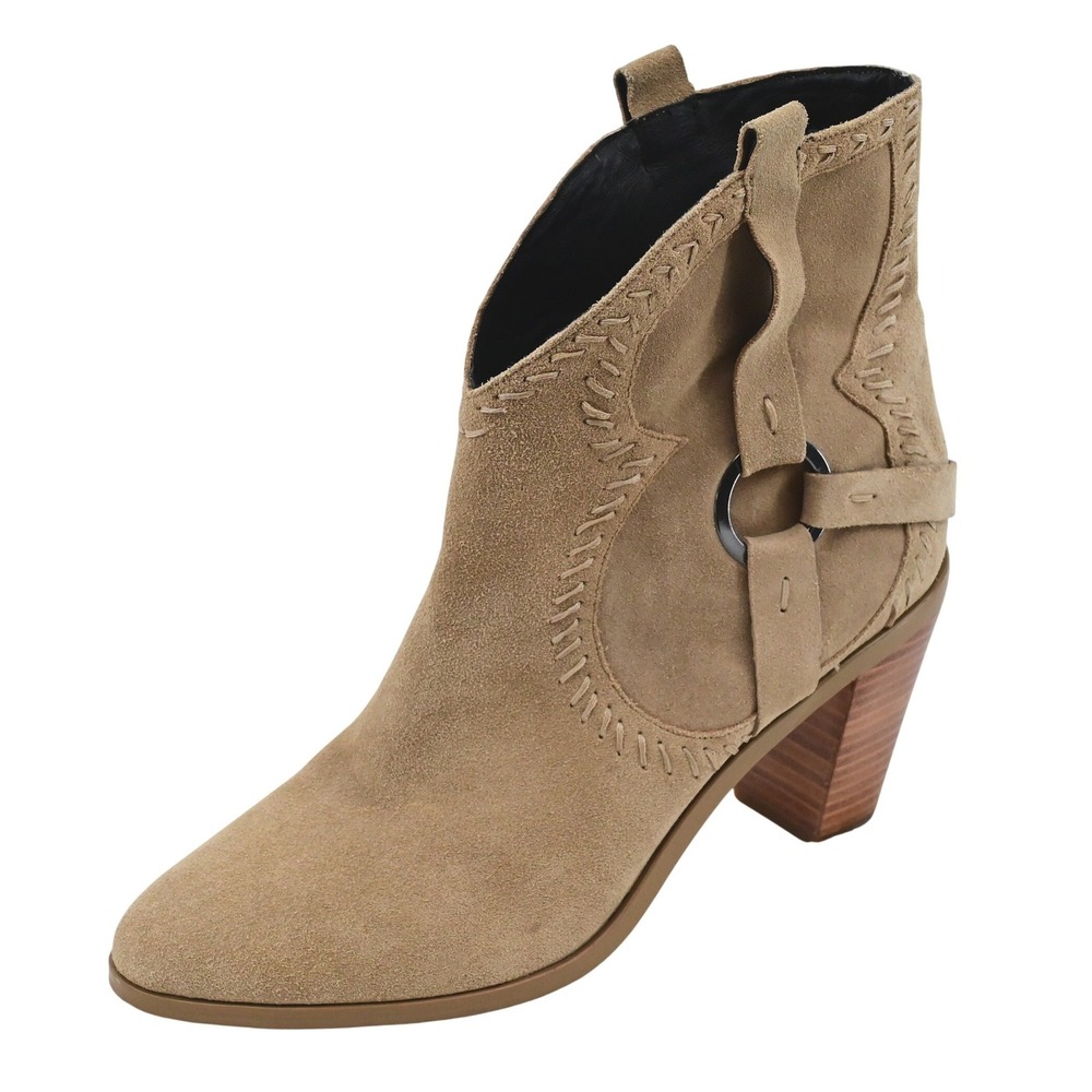 Rebecca Minkoff Tan Suede Western Harness Ankle Boots Whipstitch Size 9.5M